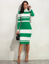 Load image into Gallery viewer, Green Striped Knit Turtleneck Long Sleeve Sweater Dress