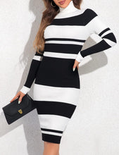 Load image into Gallery viewer, Green Striped Knit Turtleneck Long Sleeve Sweater Dress