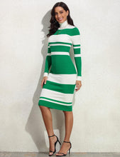 Load image into Gallery viewer, Beige Striped Knit Turtleneck Long Sleeve Sweater Dress