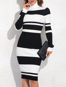 Beige Striped Knit Turtleneck Long Sleeve Sweater Dress