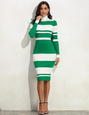 Green Striped Knit Turtleneck Long Sleeve Sweater Dress