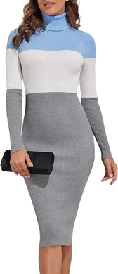 Grey/Blue Striped Knit Turtleneck Long Sleeve Sweater Dress