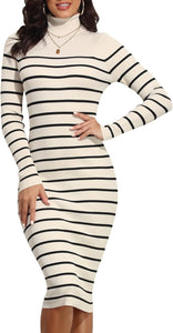 Grey/White/Pink Two Tone Knit Turtleneck Long Sleeve Sweater Dress