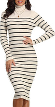 Load image into Gallery viewer, Beige Striped Knit Turtleneck Long Sleeve Sweater Dress