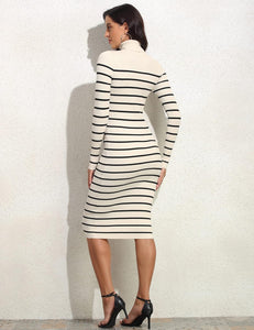 Striped Black/White Knit Turtleneck Long Sleeve Sweater Dress