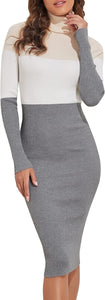 Striped Black/White Knit Turtleneck Long Sleeve Sweater Dress