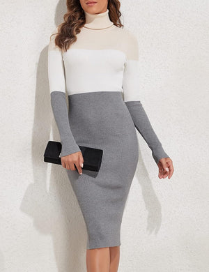 Grey/White/Pink Two Tone Knit Turtleneck Long Sleeve Sweater Dress