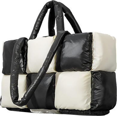 Black & White Checkered Puffer Quilted Tote Style Top Handle Handbag