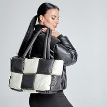 Load image into Gallery viewer, Black &amp; White Checkered Puffer Quilted Tote Style Top Handle Handbag