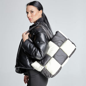 Black & White Checkered Puffer Quilted Tote Style Top Handle Handbag