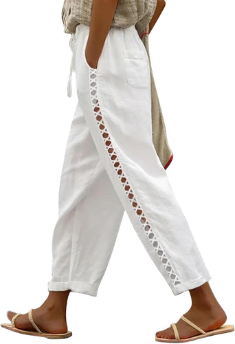 White Comfy Lace Up High Waist Linen Pants