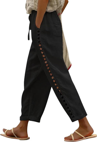 Black Comfy Lace Up High Waist Linen Pants