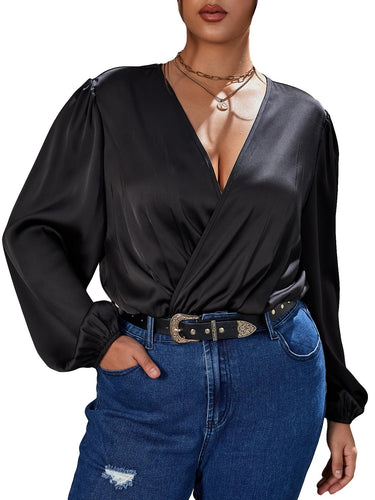 Pure Black Plus Size V Neck Wrap Long Sleeve Bodysuit