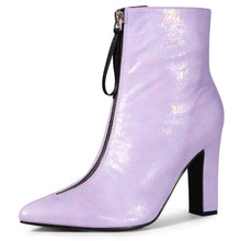 Load image into Gallery viewer, Purple Holographic Metallic Chunky Heel Boots