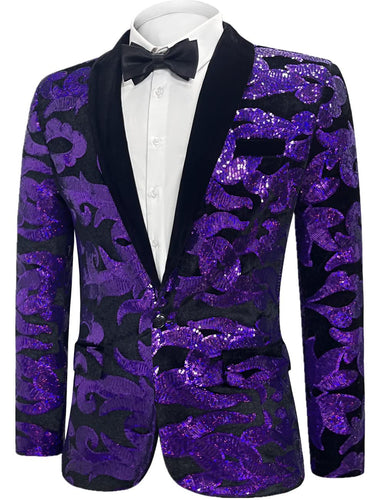 Purple Men's Sequin Floral Party Long Sleeve Blazer