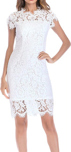 Scalloped White Embroidered Lace Short Sleeve Mini Dress