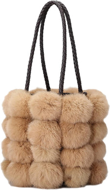 Brown Plush Faux Fur Bucket Handbag