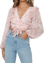 Load image into Gallery viewer, Ruffled Pink Floral Wrap Long Sleeve Top