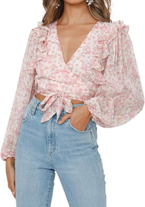 Ruffled White Floral Wrap Long Sleeve Top
