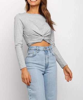 Long Sleeve Soft Grey Knotted Crop Top