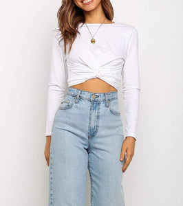 Long Sleeve Soft White Knotted Crop Top