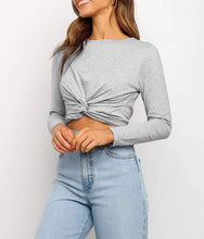 Load image into Gallery viewer, Long Sleeve Soft Grey Knotted Crop Top