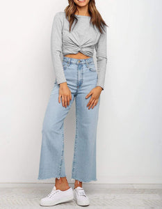 Long Sleeve Soft Grey Knotted Crop Top