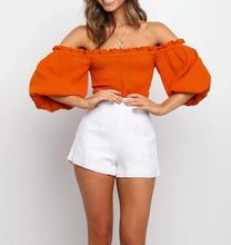 Load image into Gallery viewer, Pretty Ruffled White Off Shoulder Lantern Sleeve Crop Top