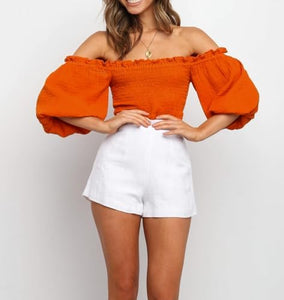 Pretty Ruffled White Off Shoulder Lantern Sleeve Crop Top