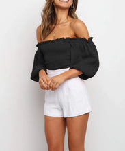 Load image into Gallery viewer, Pretty Ruffled White Off Shoulder Lantern Sleeve Crop Top