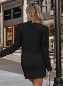 Modern Business Black Lapel Collar Long Sleeve Blazer & Skirt Suit Set