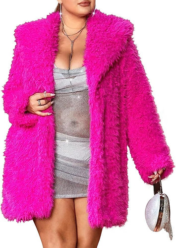 Plus Size Barb Pink Long Sleeve Faux Fur Coat