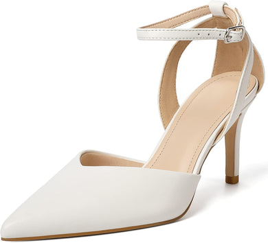 Chic White Ankle Strap Closed Toe 3 Inch Heels