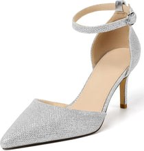Load image into Gallery viewer, Chic Glitter Silver Ankle Strap Closed Toe 3 Inch Heels