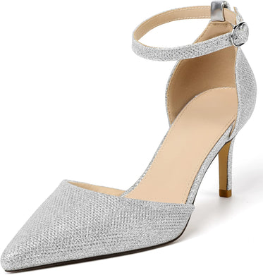 Chic Glitter Silver Ankle Strap Closed Toe 3 Inch Heels