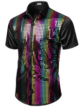 Load image into Gallery viewer, Men&#39;s Black Rainbow Metallic Sequin Shiny Short Sleeve Shirt