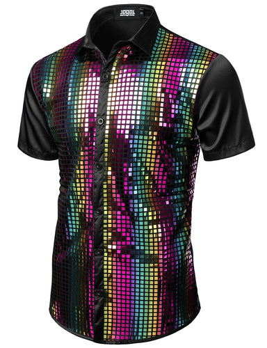 Men's Black Rainbow Metallic Sequin Shiny Short Sleeve Shirt