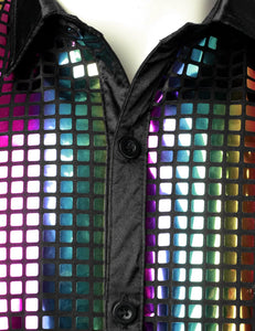 Men's Black Rainbow Metallic Sequin Shiny Short Sleeve Shirt