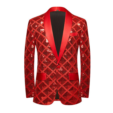 Red Men's Diamond Sequin Long Sleeve Blazer