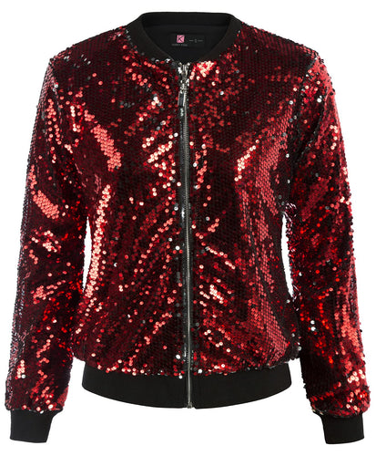 Red Sequin Embellished Bomber Long Sleeve Jacket