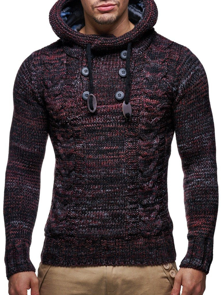 Red Men's Hooded Cable Knit Long Sleeve Sweater