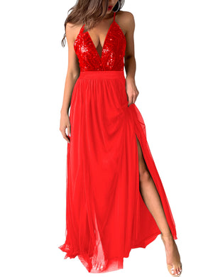 Red Tulle Sequin V Cut Backless Maxi Dress
