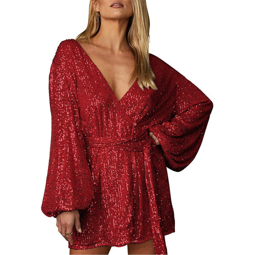 Red Sequin V Neck Loose Sleeve Belted Mini Dress