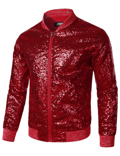 Red Men's Sequin Long Sleeve Bomber Jacket