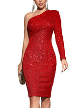 Load image into Gallery viewer, Red Exclusive One Sleeve Draped Sequin Midi Dress