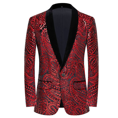 Red Men's Floral Sequin Formal Long Sleeve Blazer