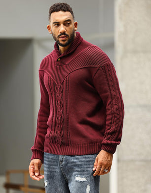 Red Men's Shawl Collar Cable Knit Sweater