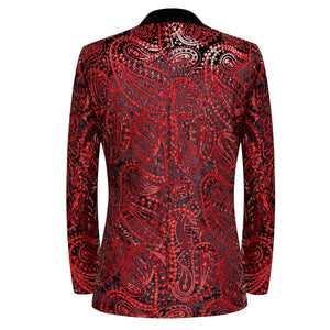 Red Men's Floral Sequin Formal Long Sleeve Blazer