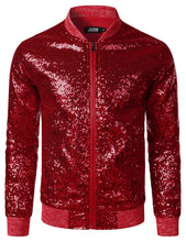 Load image into Gallery viewer, Red Men&#39;s Sequin Long Sleeve Bomber Jacket