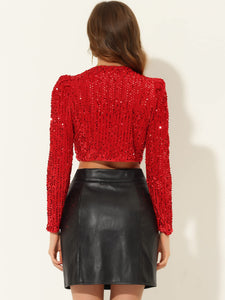 Sparkling Sequin Long Sleeve Cropped Puff Jacket